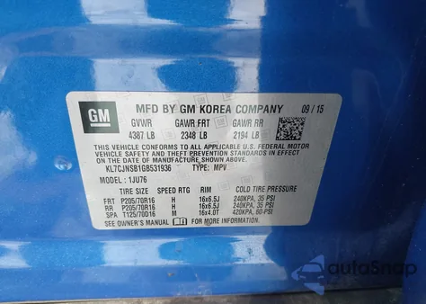 2016 Chevrolet Trax 1Ls из США, поврежденный, VIN KL7CJNSB1GB531936